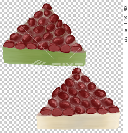 An illustration of Minazuki, a Japanese sweet eaten during the summer purification ritual to ward off the heat, with plenty of red beans on top of Uiro, white and matcha 125091900