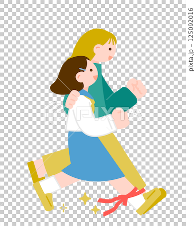 Mother and child running hard in a three-legged race Parent-child cooperation Mother and child running hard in a three-legged race Parent-child cooperation 125092016