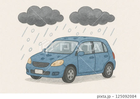 雹で被害を受ける車のイラスト／ひょうが降って車がへこむ様子／自然災害による自動車の被害 125092084