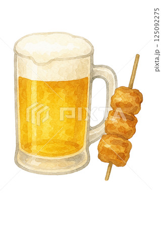 ビールと焼き鳥の水彩イラスト／居酒屋メニュー／ビールとおつまみセット 125092275