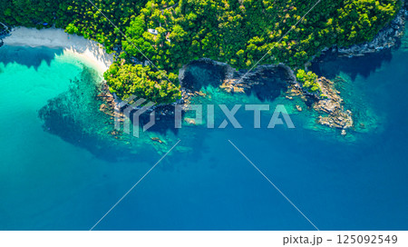 The shadows of trees cast over the white sandy beach at Freedom Beach. 125092549