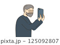 Elderly man using smartphone with happy expression on white background. Vector illustration. 125092807
