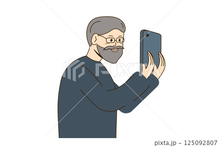 Elderly man using smartphone with happy expression on white background. Vector illustration. Elderly man using smartphone with happy expression on white background. Vector illustration. 125092807