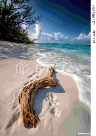 Driftwood on tropical beach with turquoise ocean and blue sky in background 125092957
