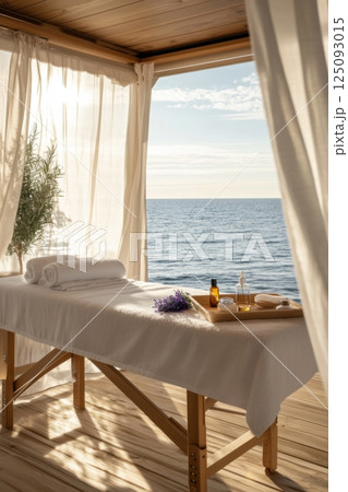 Luxury spa table by a sunny ocean view outdoor setting Luxury spa table by a sunny ocean view outdoor setting 125093015