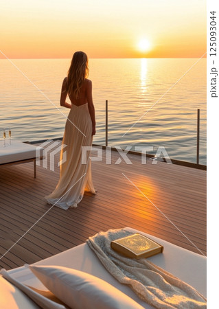 Woman enjoying serene sunset on luxurious oceanfront balcony with calm waters 125093044