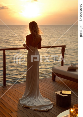 Elegant woman enjoying sunset on a luxury yacht with a glass of wine 125093045