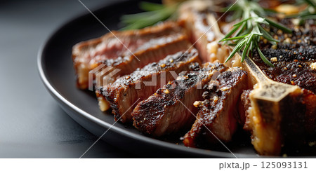 Juicy sliced T bone steak on black plate with rosemary garnish, cooked to perfection 125093131