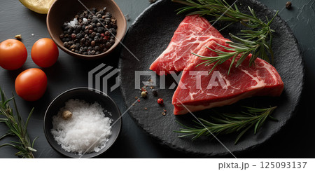 Fresh raw marbled beef steak with rosemary, salt, and pepper on dark plate 125093137