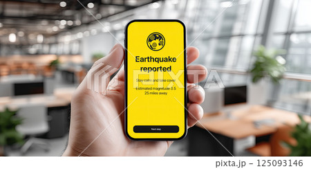 Hand holding smartphone with earthquake alert on yellow screen in modern office setting 125093146