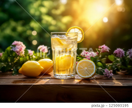 夕暮れの庭で花に囲まれたレモン入りアイスレモネードのグラスとフレッシュなレモンの風景 125093195