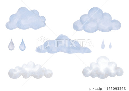 Set of blue clouds with raindrops. Watercolor illustration. Minimalistic style. Hand drawn isolated sky elements clipart. Cartoon kid sketch for clothes prints, cards, baby shower, bedroom, fabric 125093368