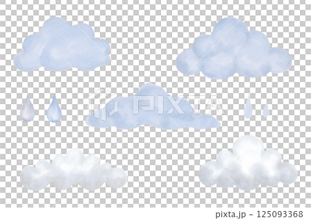 Set of blue clouds with raindrops. Watercolor illustration. Minimalistic style. Hand drawn isolated sky elements clipart. Cartoon kid sketch for clothes prints, cards, baby shower, bedroom, fabric 125093368