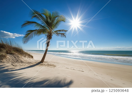 Tropical beach with palm tree under bright sun and blue sky 125093648