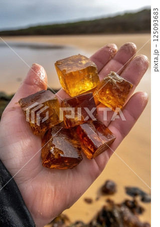 Close-up of hand holding pieces of amber on a natural background Close-up of hand holding pieces of amber on a natural background 125093683