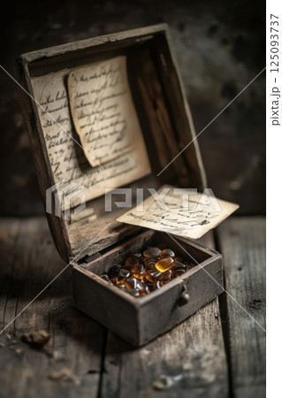Vintage wooden box with amber gems and handwritten letters on rustic table 125093737