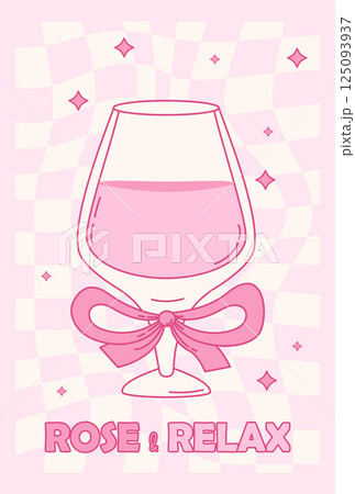 Pink Vintage Coquette Glass Drink with Ribbon Bow. Aesthetic Cocktail on Groovy Twisted Checkered Background. Romantic Girly Vibe. Vector illustration. Trendy card with Quote Slogan 125093937