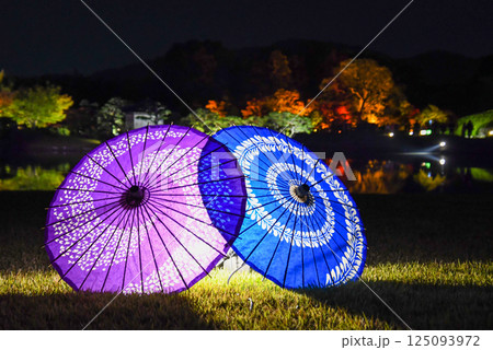 岡山後楽園のライトアップされた和傘 125093972