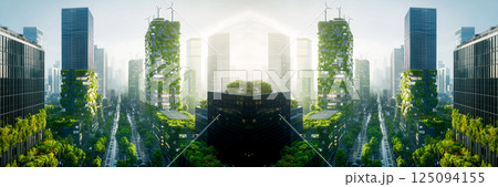 A modern skyscraper adorned with lush greenery, blending innovative architecture with sustainable urban design. The building stands tall in the cityscape, showcasing eco-friendly construction 125094155