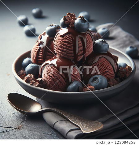 Indulge in this decadent dessert: chocolate ice cream scoops, drizzled with rich chocolate sauce and adorned with fresh blueberries Indulge in this decadent dessert: chocolate ice cream scoops, drizzled with rich chocolate sauce and adorned with fresh blueberries 125094258