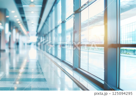 Modern, bright corridor with large windows offers a clean and spacious feel, perfect for a corporate or airport setting Modern, bright corridor with large windows offers a clean and spacious feel, perfect for a corporate or airport setting 125094295