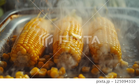 Steaming sweetcorn cobs with melted butter, freshly cooked and served on a metal tray 125094310