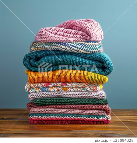 A neatly stacked pile of colorful knitted sweaters in various textures and patterns rests on a wooden surface against a pale blue background 125094329