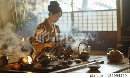 A young woman in a traditional kimono gracefully prepares a tea ceremony, steam rising from the teapot in a serene setting 125094330