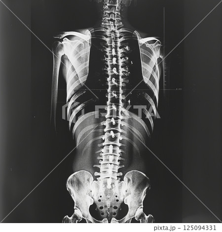 Posterior-anterior X-ray showing the human spine and rib cage, highlighting skeletal structure 125094331