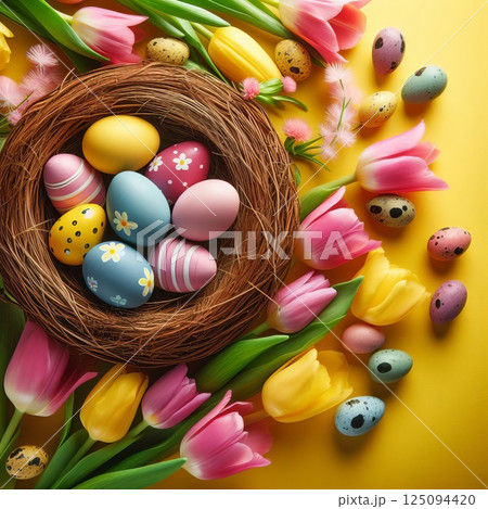 This is a colorful image of a bird nest filled with Easter eggs and surrounded by tulips on a yellow background. Easter holiday concept. 125094420