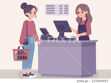 A female employee is calculating the bill after a customer brings his shopping to the counter. 125094497