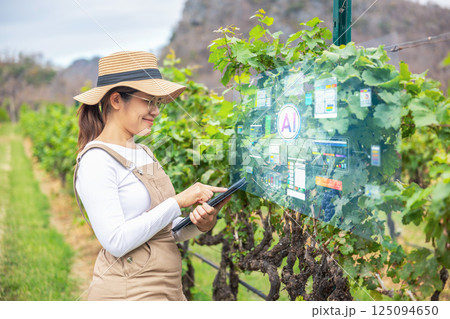 Smart vineyard system with winegrower working with digital graphic display Smart vineyard system with winegrower working with digital graphic display 125094650