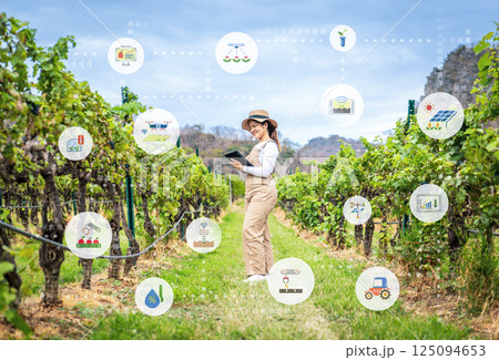 Smart vineyard system with winegrower working with digital graphic display Smart vineyard system with winegrower working with digital graphic display 125094653