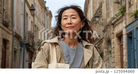 confident woman walking charming European street, wearing beige trench coat and striped shirt 125094860