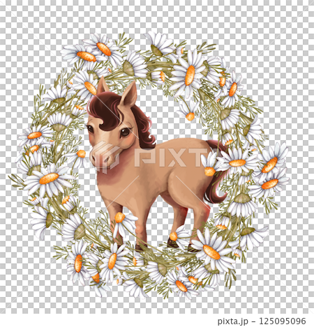 Charming illustration of a brown horse standing within a wreath of daisies 125095096