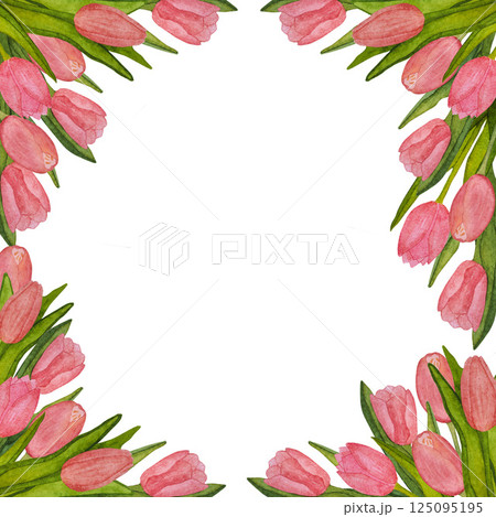 Round frame of blooming pink tulips with green leaves hand painted in watercolor on white background Round frame of blooming pink tulips with green leaves hand painted in watercolor on white background 125095195