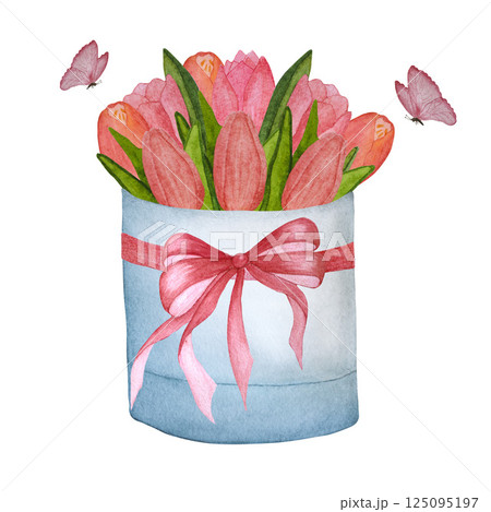 Watercolor bouquet of pink tulips in a gift box decorated with a bow on a white background 125095197
