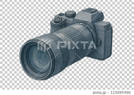單鏡頭反光相機(帶遠攝鏡頭)的水彩插圖/用於攝影、攝影師和攝影愛好的形象 單鏡頭反光相機(帶遠攝鏡頭)的水彩插圖/用於攝影、攝影師和攝影愛好的形象 125095490
