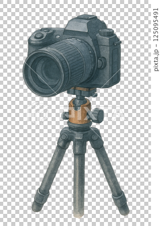 三腳架上的單鏡頭反光相機水彩插圖/用於攝影、風景攝影和攝影師影像 三腳架上的單鏡頭反光相機水彩插圖/用於攝影、風景攝影和攝影師影像 125095491