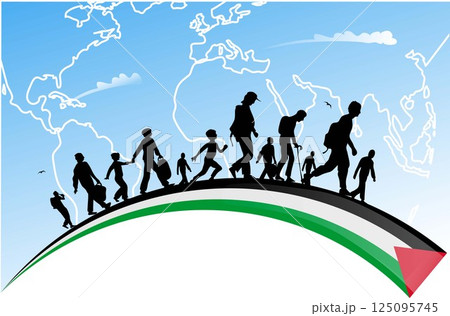 Palestinian immigrants with the background the map of the planet earth 125095745