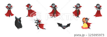 Count Dracula Character with Fangs Wearing Red Cape Vector Set Count Dracula Character with Fangs Wearing Red Cape Vector Set 125095973