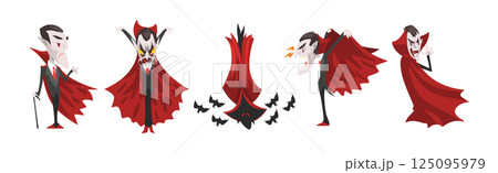Count Dracula Character with Fangs Wearing Red Cape Vector Set 125095979