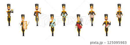 Man and Woman Band Member in Parade Uniform Playing Musical Instrument Vector Set 125095983