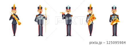 Man and Woman Band Member in Parade Uniform Playing Musical Instrument Vector Set 125095984