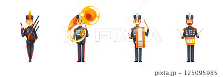 Man and Woman Band Member in Parade Uniform Playing Musical Instrument Vector Set 125095985
