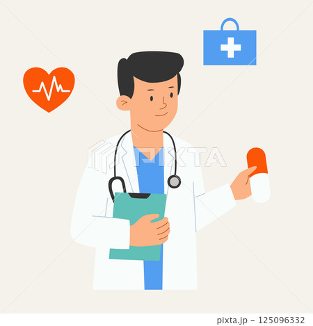 Male doctor in white lab coat holds pill in his hand. Vector illustration of medical worker 125096332