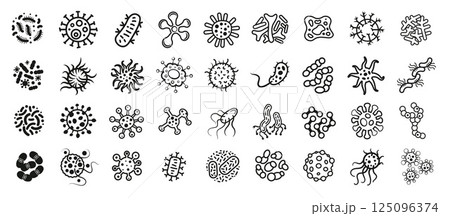 Bacteria and Virus Line Icons Set. Microorganisms, Germs, Infection Outline Doodle Collection.. 125096374