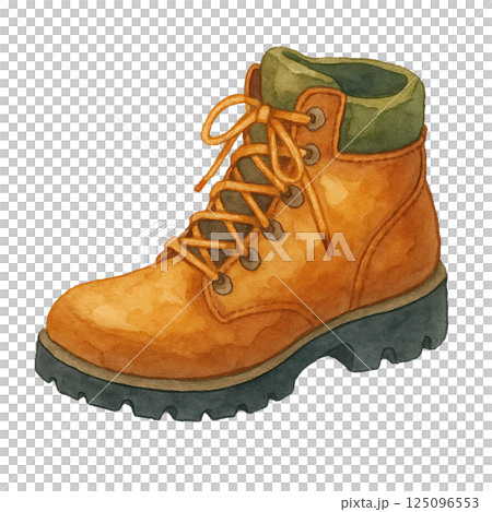 Watercolor illustration of hiking boots (brown boots, outdoor) 125096553