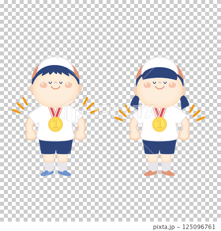 A child in gym clothes proudly wearing a gold medal, full body 125096761