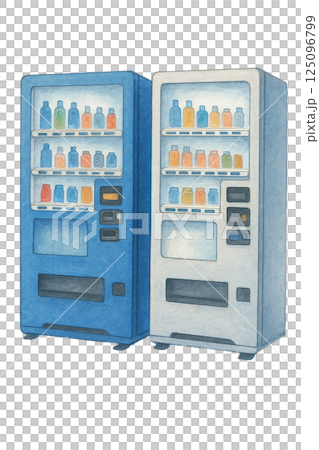 2台並んだ自動販売機の水彩イラスト（飲み物・日常風景・屋外）の